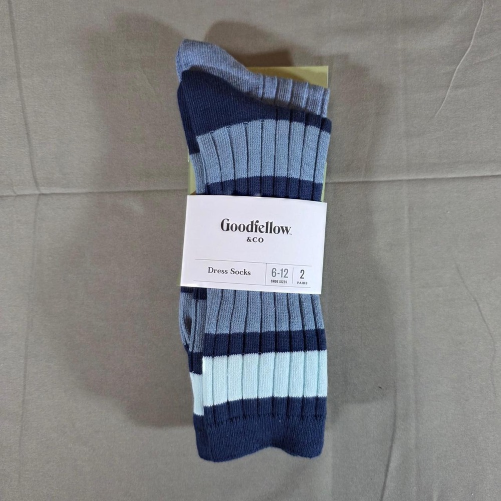 Goodfellow & Co Mens 2 Pack Blue Striped Dress Socks Shoe Size 6-12 Ribbed Crew